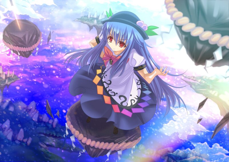 blue-haired girl in a fantasy sky