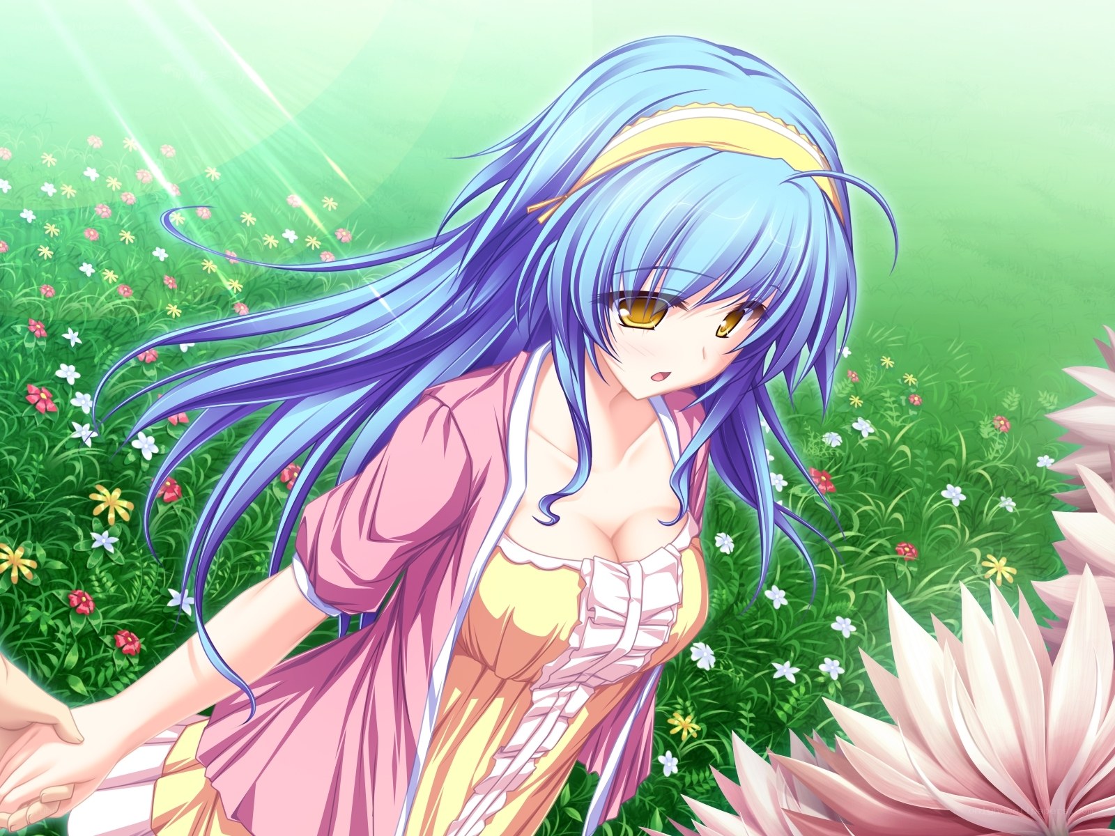 Blue-haired girl in a flower field