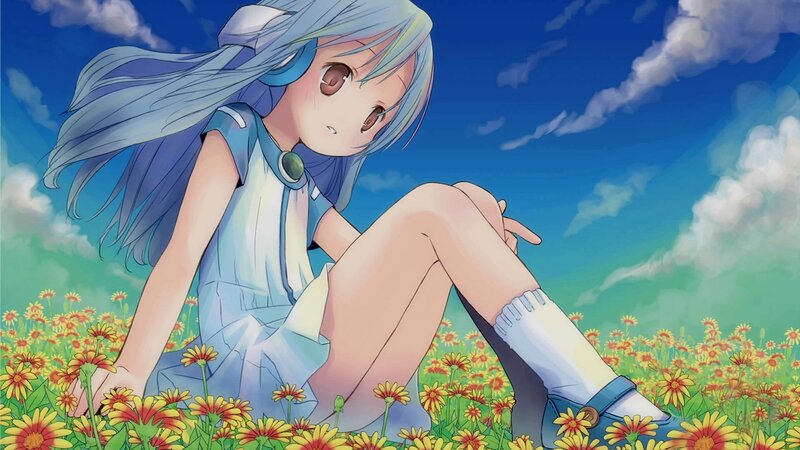 blue-haired girl in a flower field