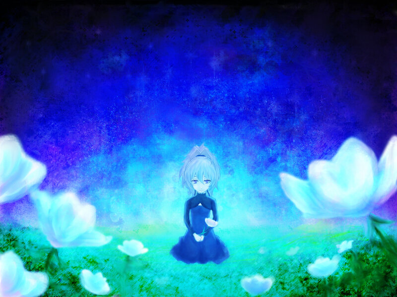 blue-haired girl in a flower field
