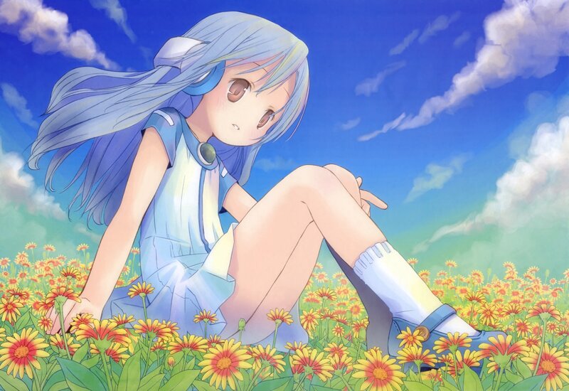 blue-haired girl in a flower field