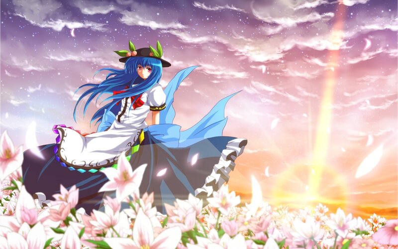 blue-haired girl in a flower field