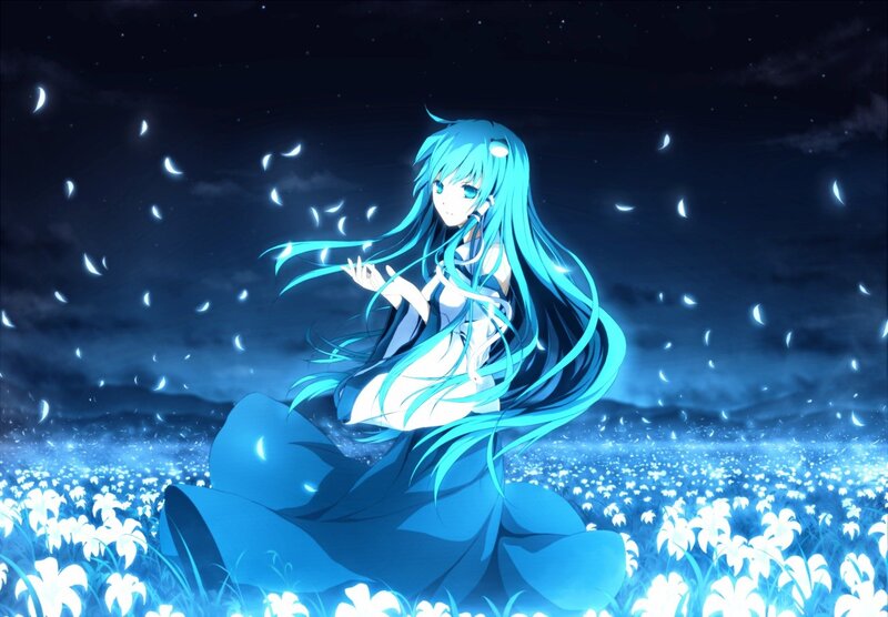 blue-haired girl in a flower field