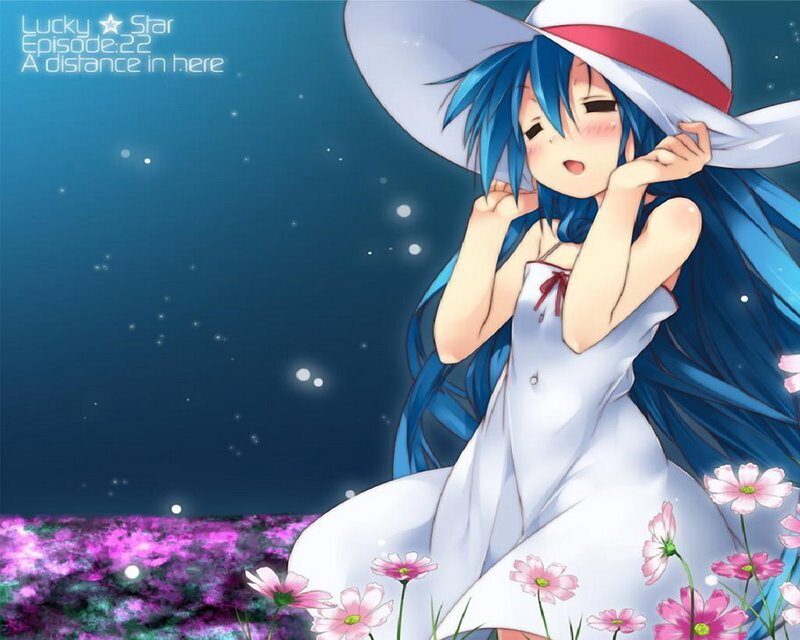 Blue-haired girl in a flower field