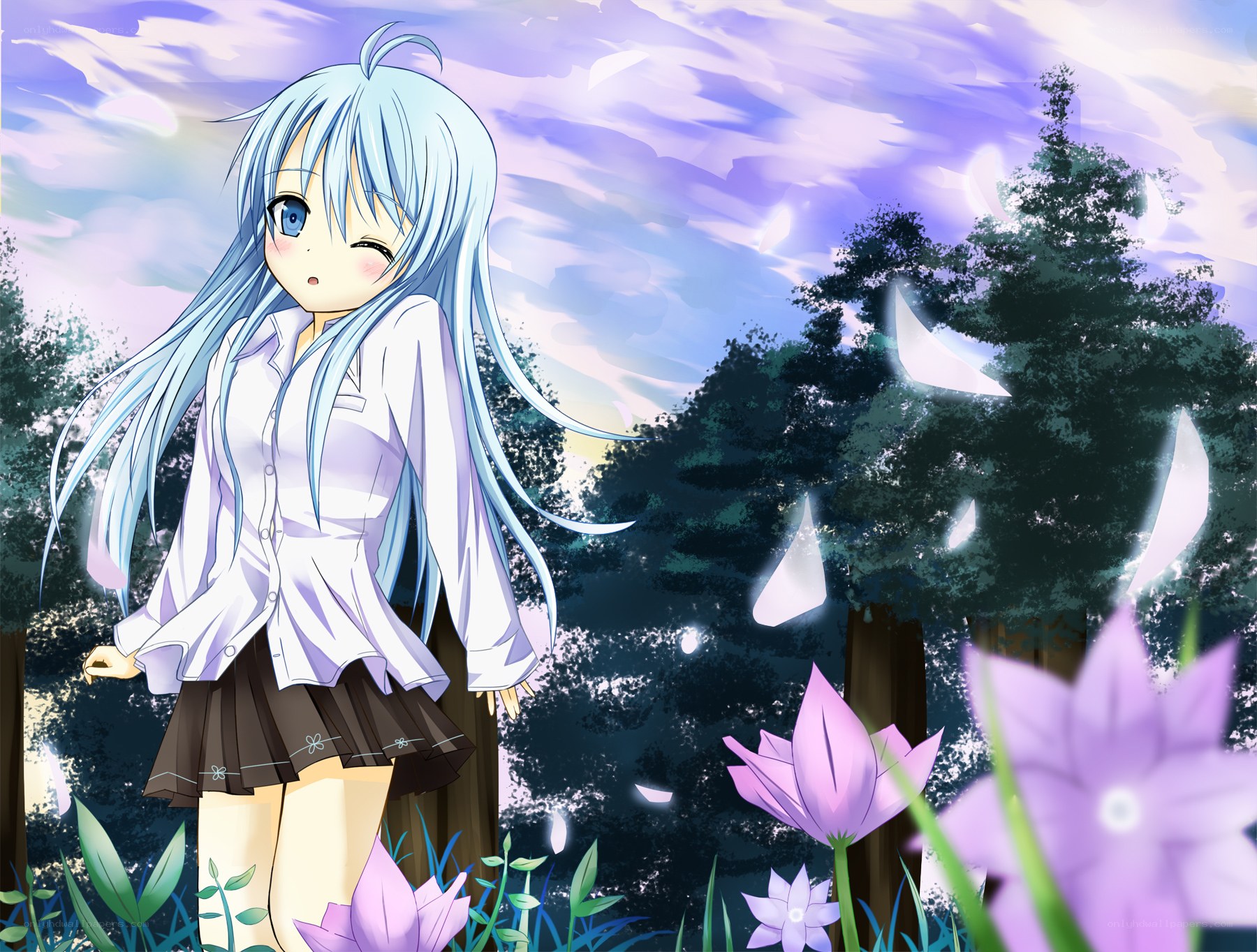 Blue-haired girl in a forest