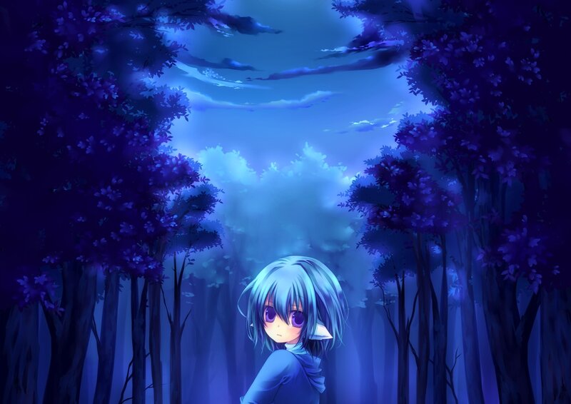 blue-haired girl in a forest