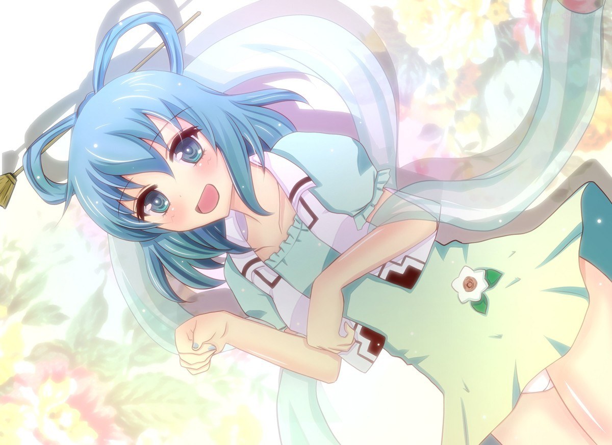 blue-haired girl in a garden