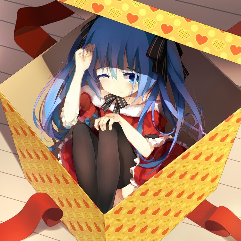 blue-haired girl in a gift box