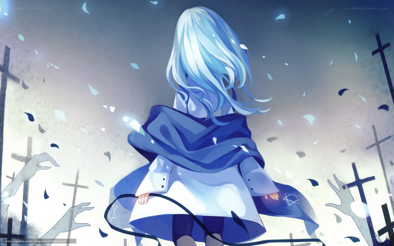 Blue-haired girl in a graveyard