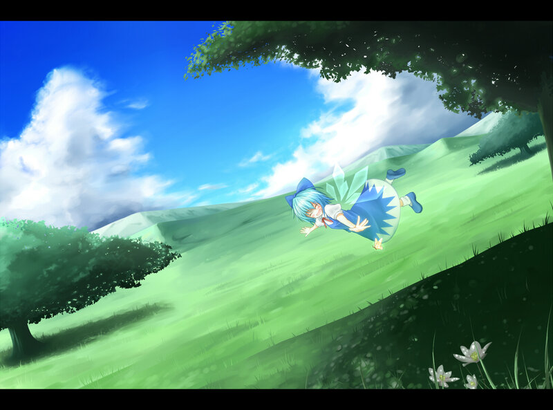 Blue-haired girl in a green field