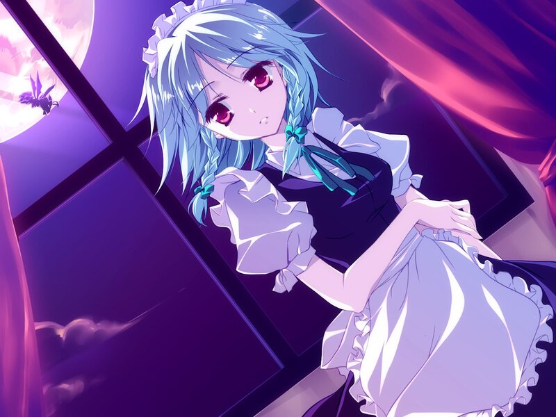 blue-haired girl in a maid outfit