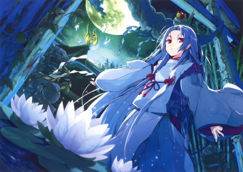 Blue-haired girl in a moonlit garden