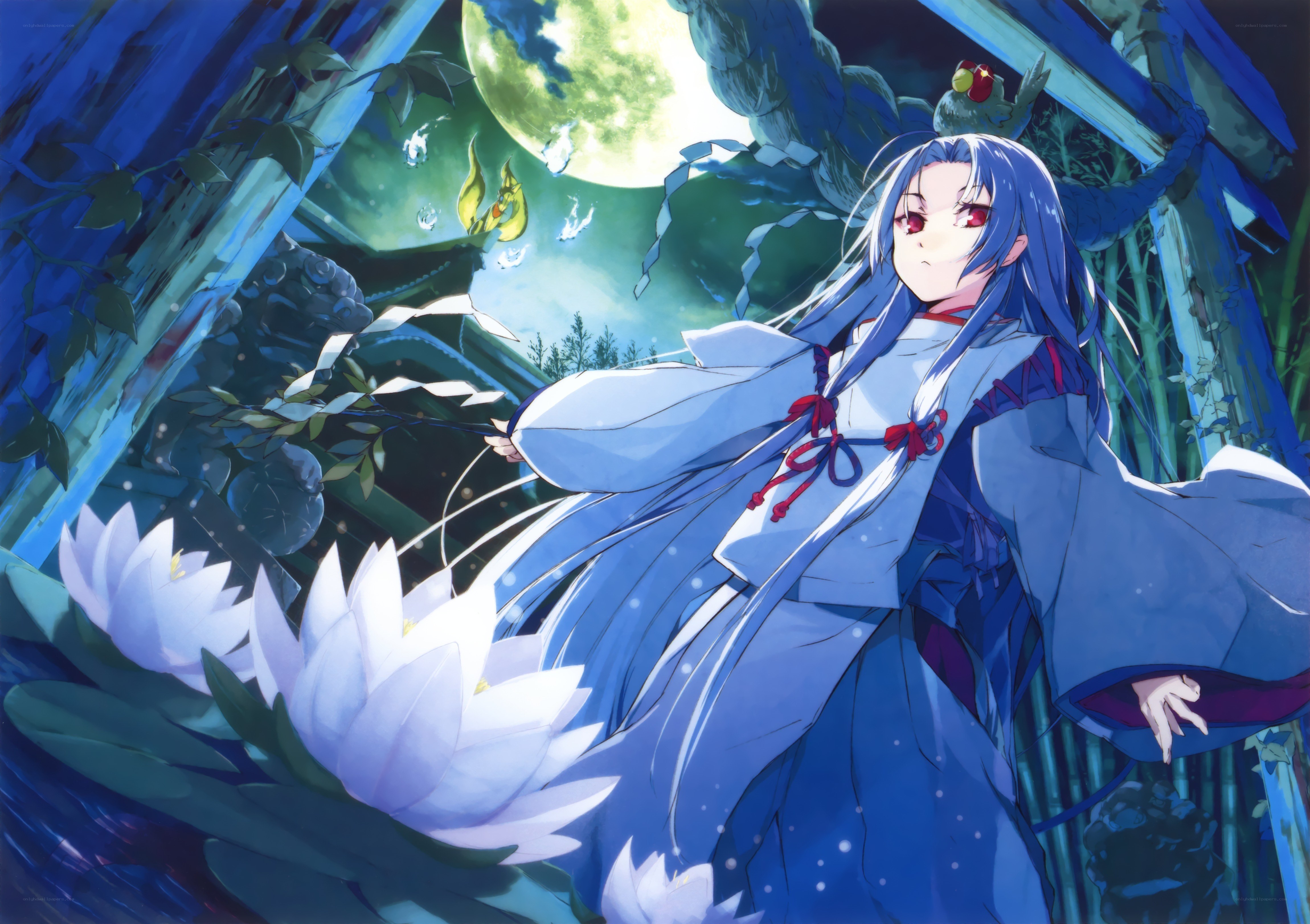 Blue-haired girl in a moonlit garden