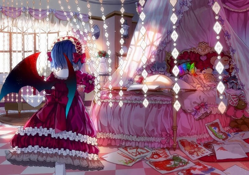 Blue-haired girl in a pink room
