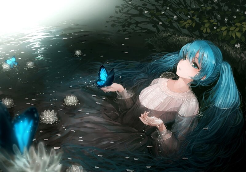 Blue-haired girl in a pond
