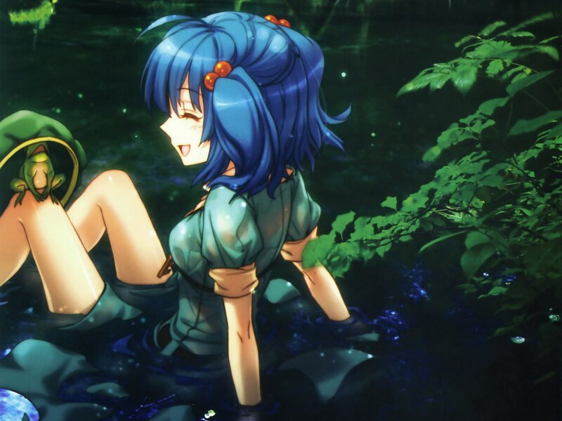 blue-haired girl in a pond