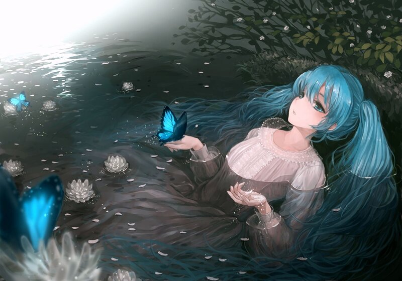 Blue-haired girl in a pond
