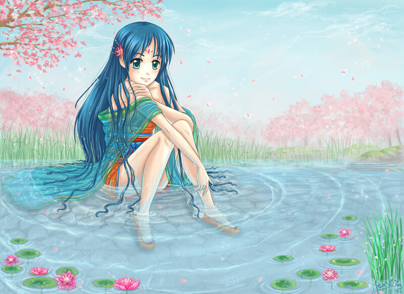 blue-haired girl in a pond