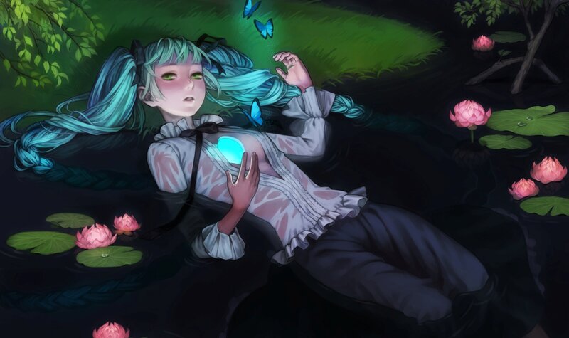 blue-haired girl in a pond