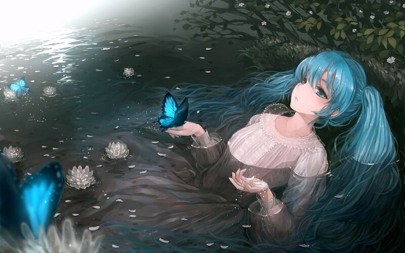 Blue-haired girl in a pond