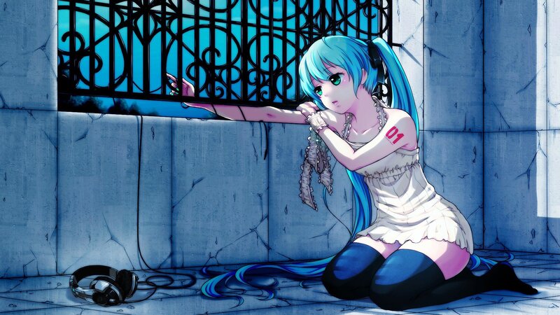 Blue-haired girl in a prison cell