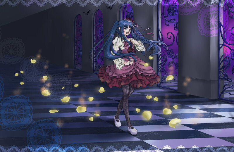 blue-haired girl in a purple hall