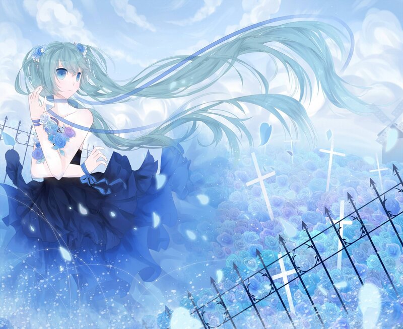 Blue-haired girl in a rose garden