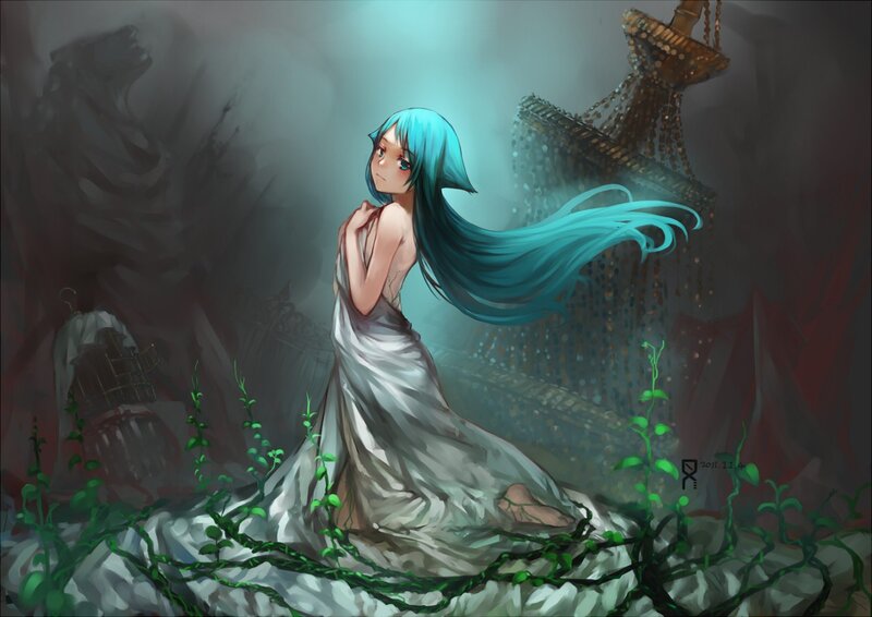Blue-haired girl in a ruined hall