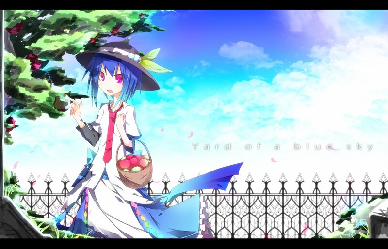 blue-haired girl in a sunny yard