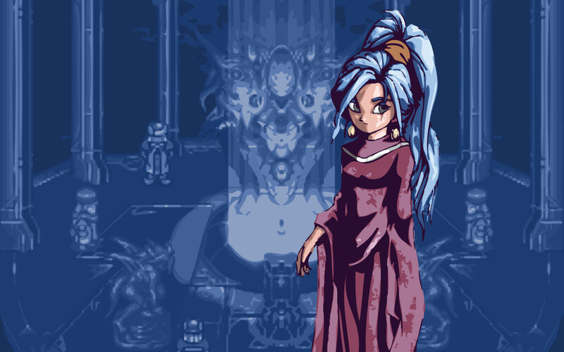blue-haired girl in a temple