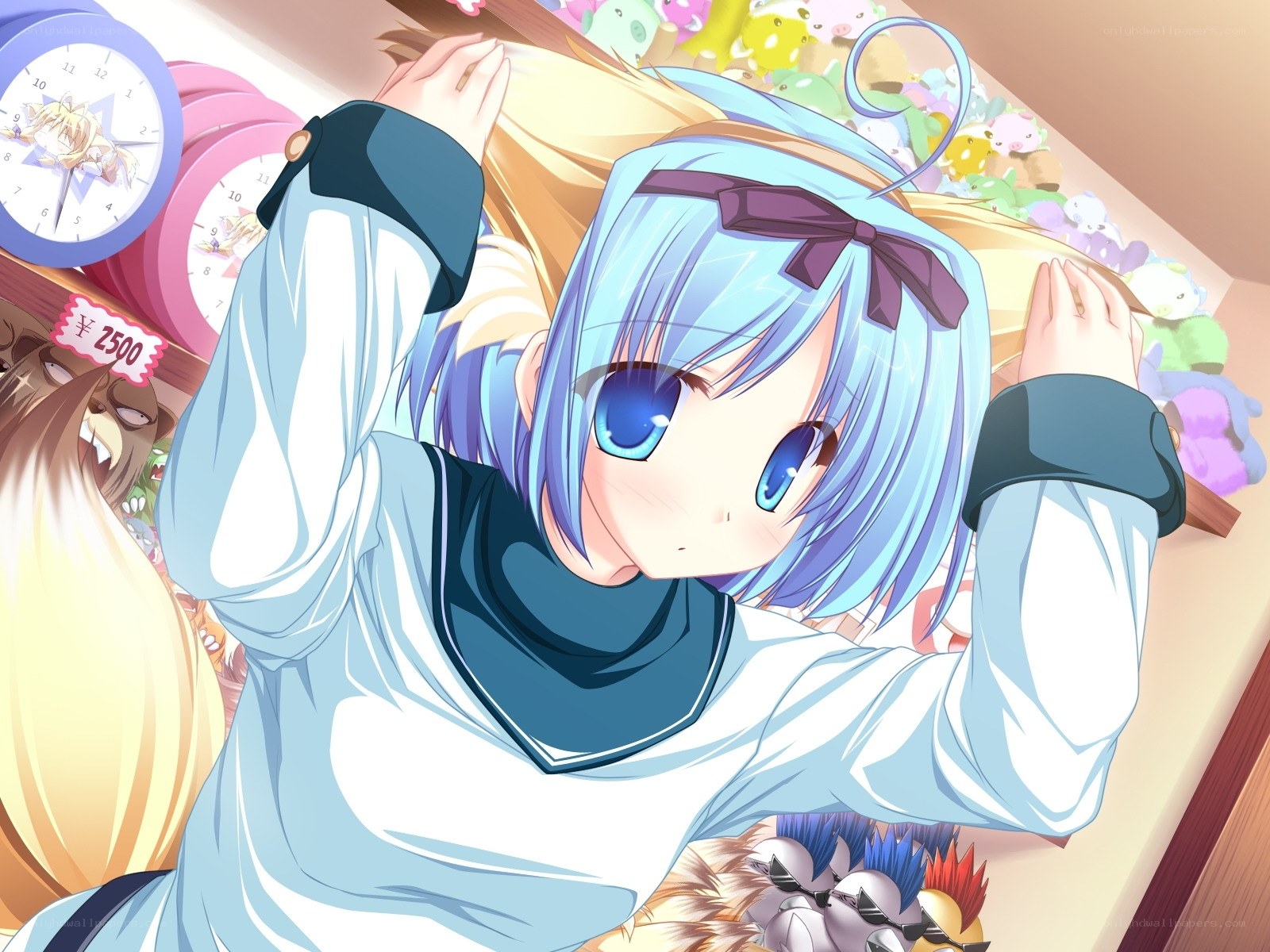 blue-haired girl in a toy store