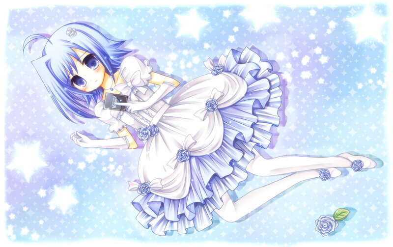 blue-haired girl in a white dress