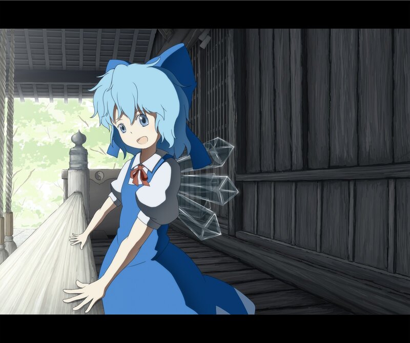 Blue-haired girl in a wooden hall