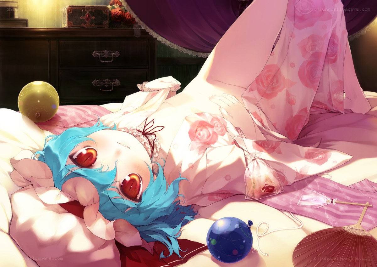 blue-haired girl in bed