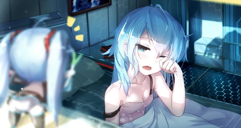 Blue-haired Girl in Bed — Blue, Calm, Anime, Mirror