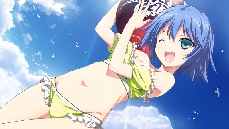 Blue-haired Girl in Bikini — Blue, Cheerful, Afternoon, Anime, Seagulls