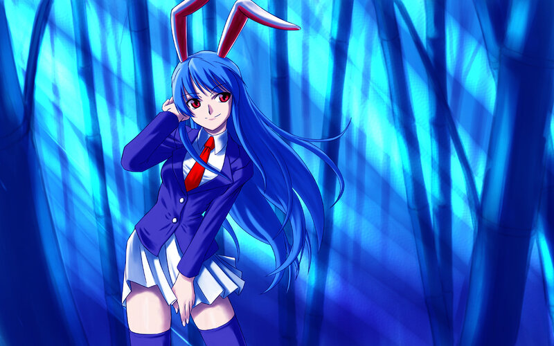 blue-haired girl in bunny ears