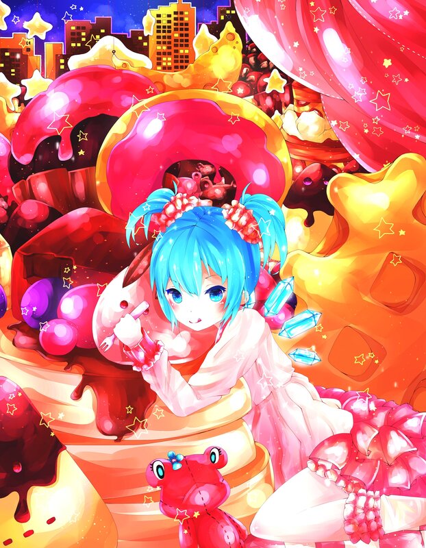 Blue-haired girl in candy world