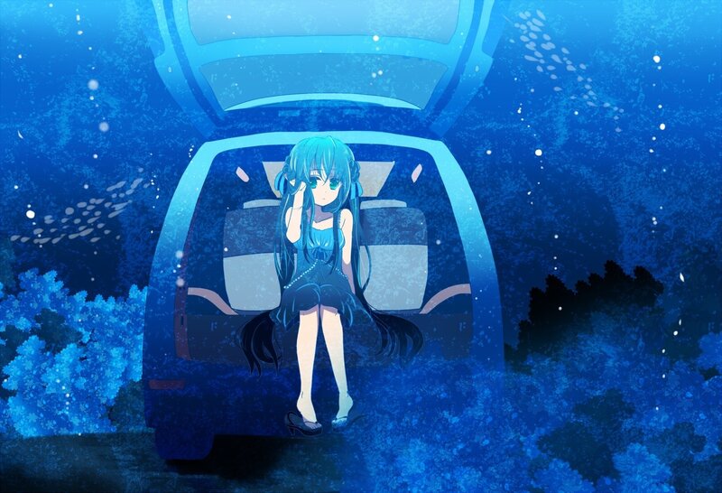 blue-haired girl in car underwater