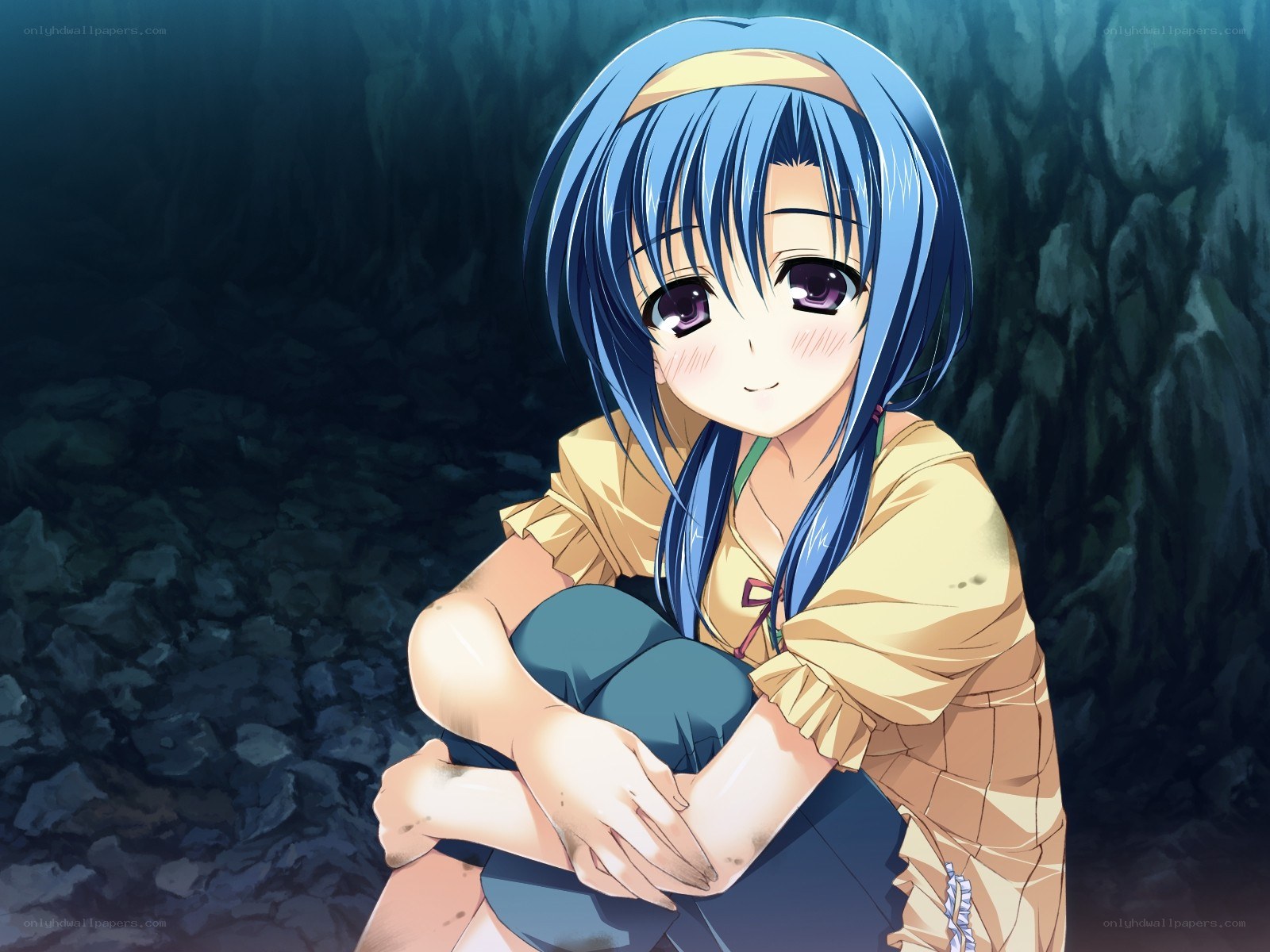 blue-haired girl in cave