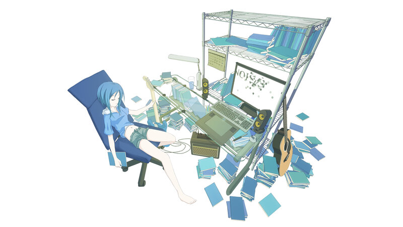 Blue-haired Girl in Chair — Blue, Calm, Anime, Guitar