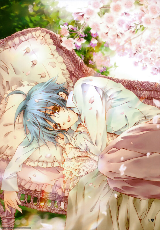 Blue-haired girl in cherry blossom garden