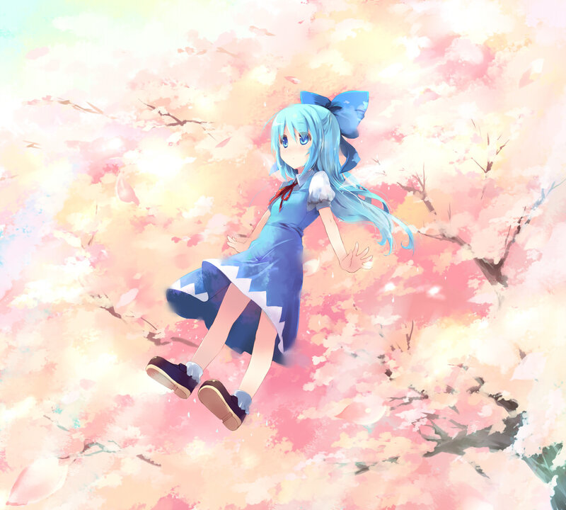 blue-haired girl in cherry blossoms