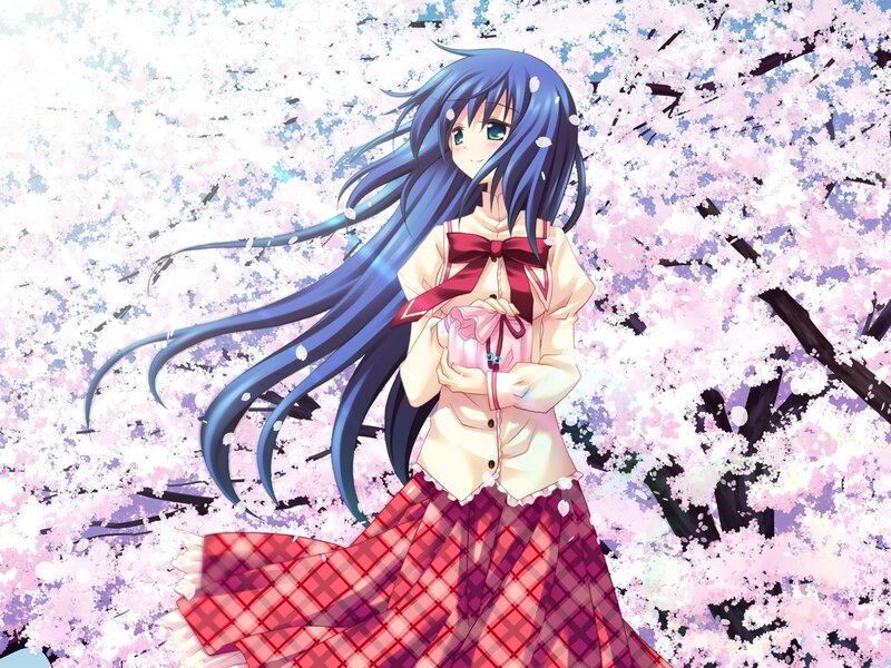 blue-haired girl in cherry blossoms