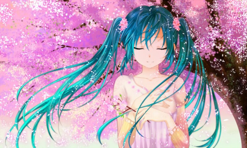 Blue-haired Girl in Cherry Blossoms — Pink, Serene