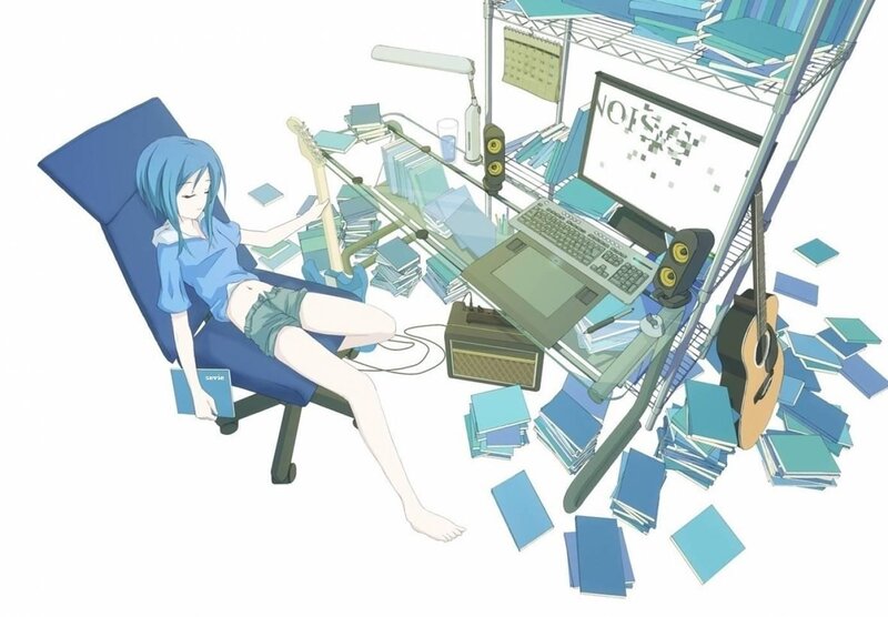 Blue-haired girl in cluttered room