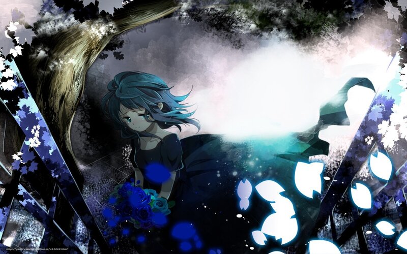 blue-haired girl in dark forest