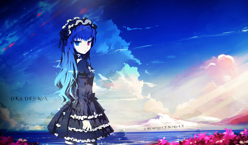 Blue-haired Girl in Dress — Blue, Dramatic, Sunset, Anime
