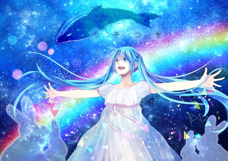 Blue-haired Girl in Dress — Blue, Dreamy, Night, Anime, Whale