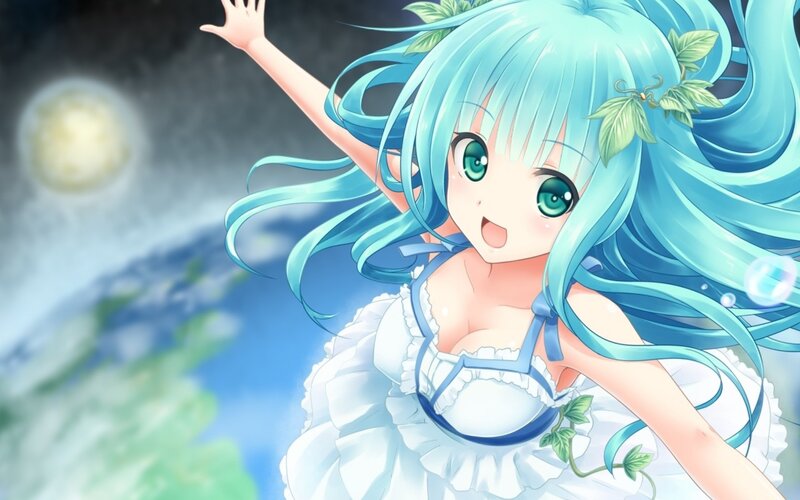 Blue-haired Girl in Dress — Blue, Joyful, Night, Anime